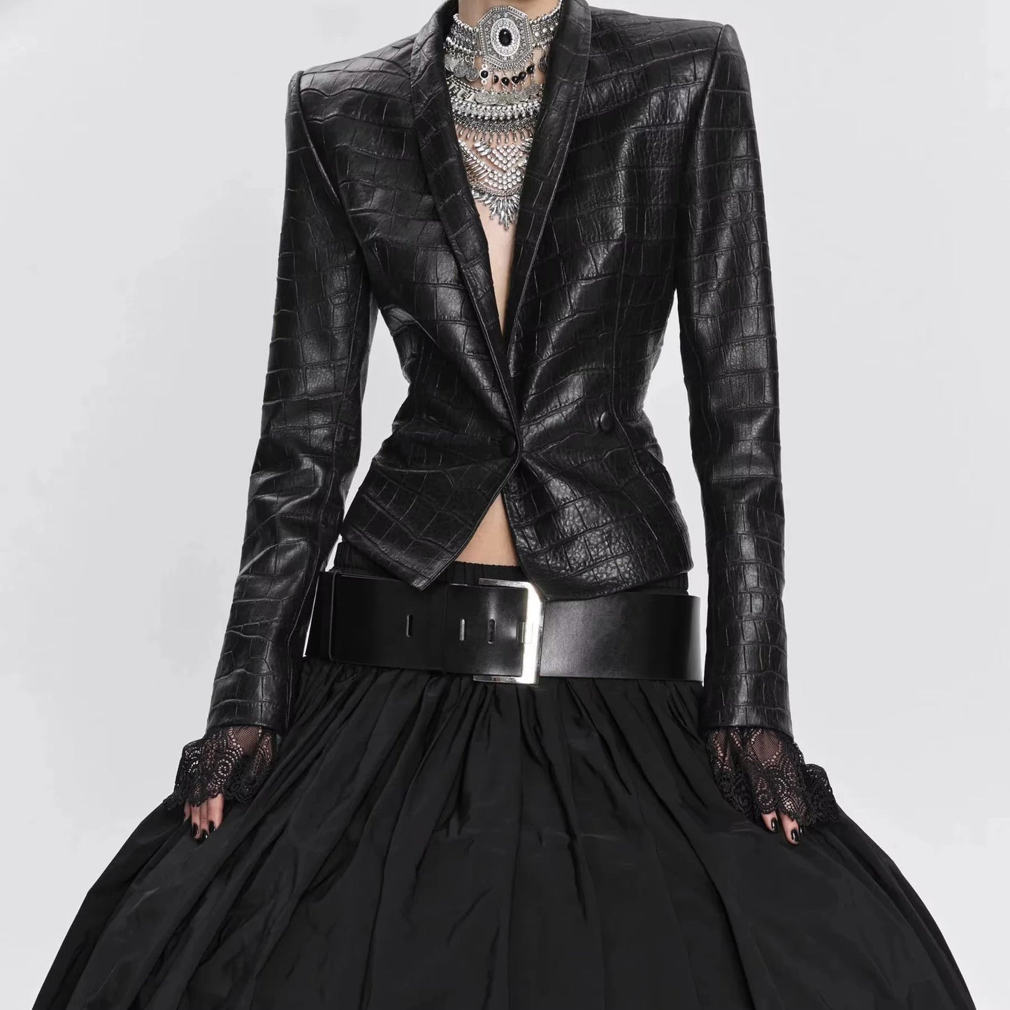 Laur Women Croc Faux Leather Blazer Jacket,Shoulder Pads Slim Waist Double Breasted Short Outerwear Autumn Winter 2026