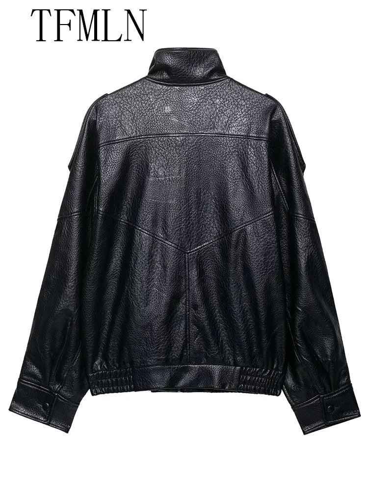 TFMLN 2026 Winter Women Faux Leather Loose Jacket High Street Stand Collar Long Sleeve Coat Fashion Zipper Thicken Outwear