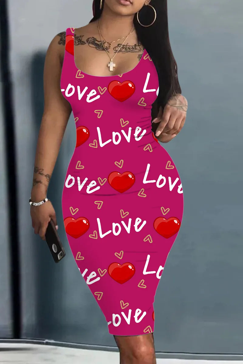 Платье Женское Plus Size Summer Women's Dress Large Size Contrast Heart Print U-Neck Sleeveless Casual Bodycon Mini Dresses