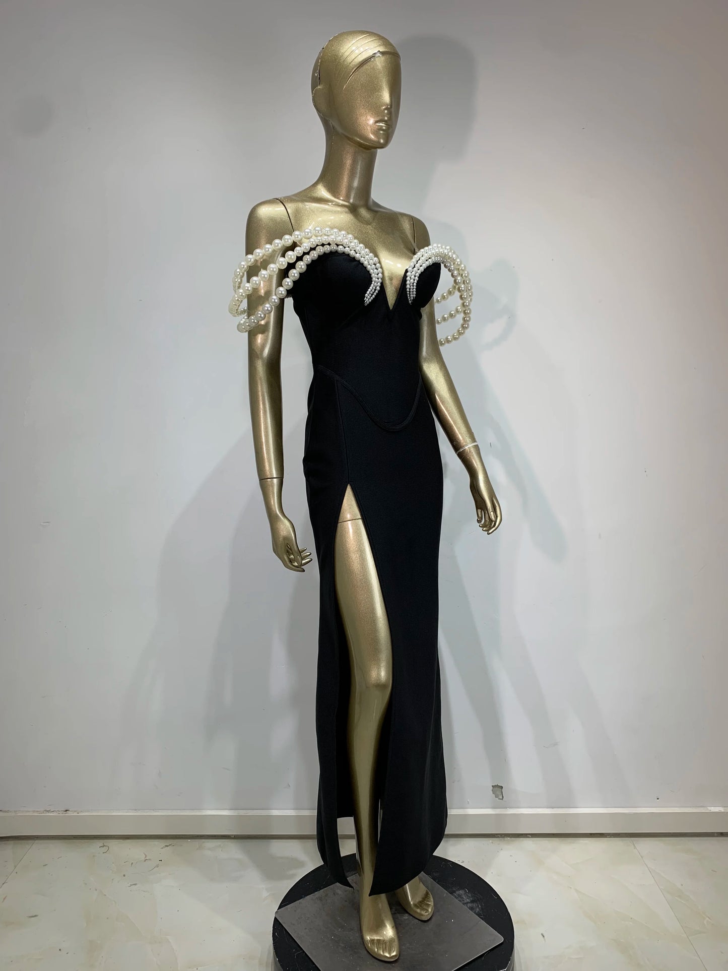 Women Celebrity Sexy Off Shoulder Pearl Black Maxi Long Bandage Bodycon Dress 2025 Elegant Evening Club Party Outfit