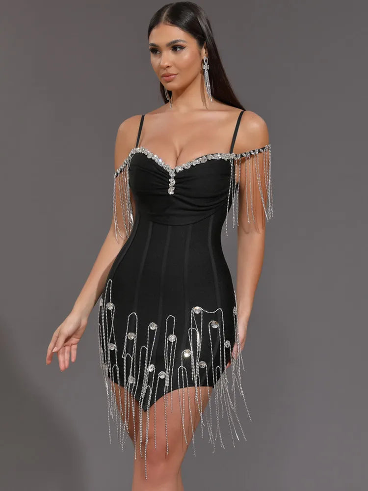 Women Celebrity Sexy Beading Crystal Black White Mini Bodycon Bandage Dress 2024 Knitted Elegant Evening Club Party Outfit