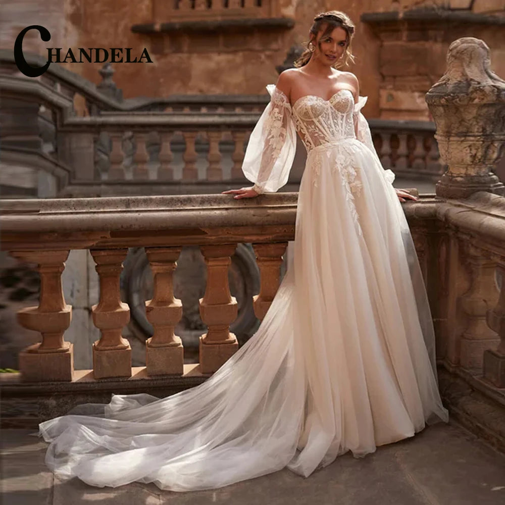 CHANDELA Lace Appliques Mini Corset Wedding Dress Cut-out Detachable Sleeves vestidos de noiva After Party A-line Customised