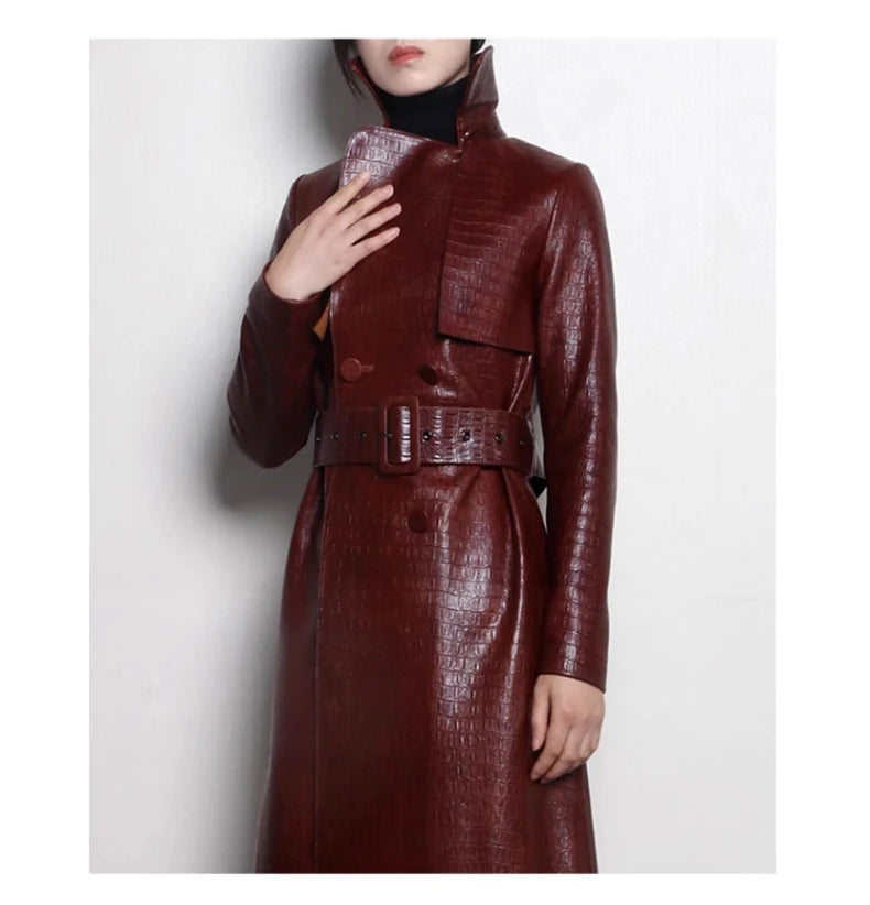 Lautaro Autumn Long Shiny Reflective Patent Faux Leather Trench Coat for Women Belt Double Breasted Luxury Designer Clothes 2023