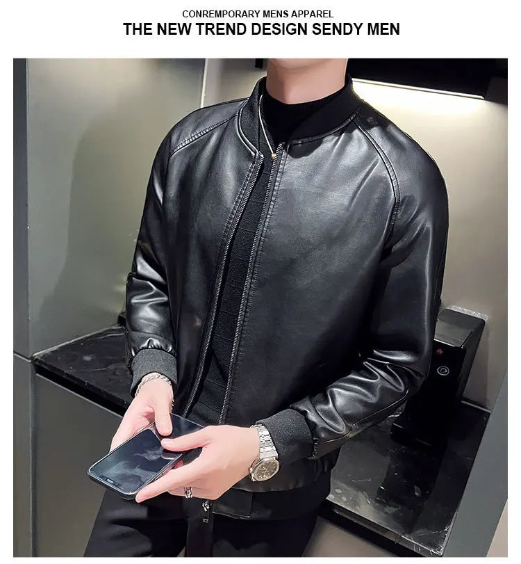 New Men's Faux Leather Jacket Motorcycle Biker Coat Stand Collar Zipper Slim Fit Casual Streetwear Outerwear