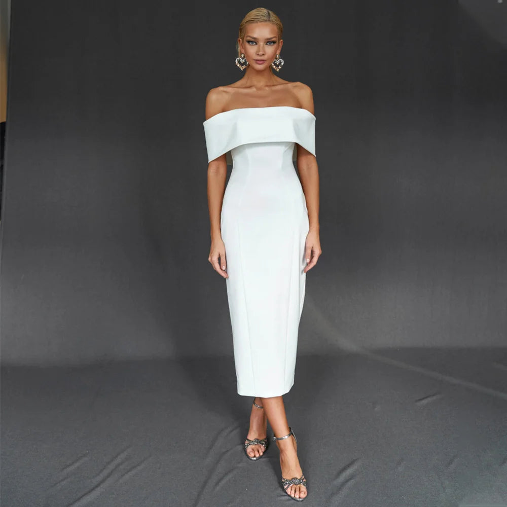 Midi Wedding Dress Simple Off the Shoulder Sheath/Column Wedding Gown For Women Bride Backless Short Bridal Reception Dress