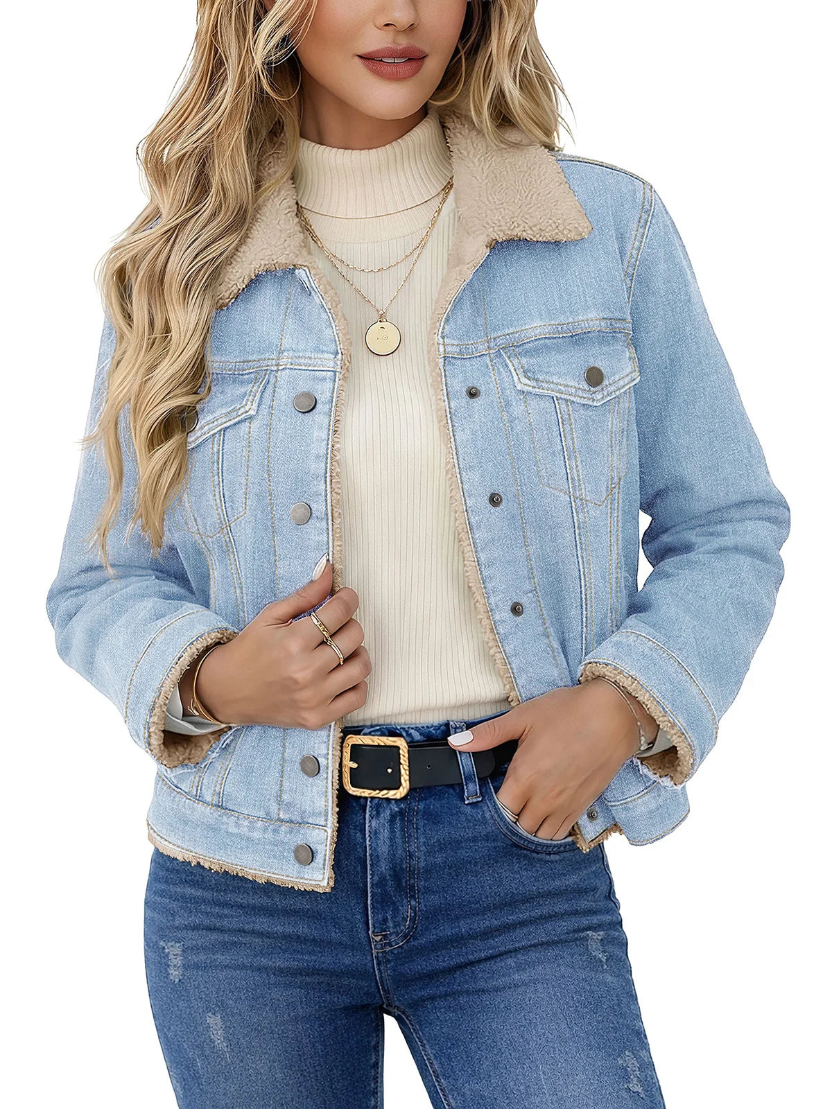 TACVASEN Women's Sherpa Lined Denim Jacket Winter Warm Fleece Trucker Coat Classic Button Down Outerwear with Multi-Pockets