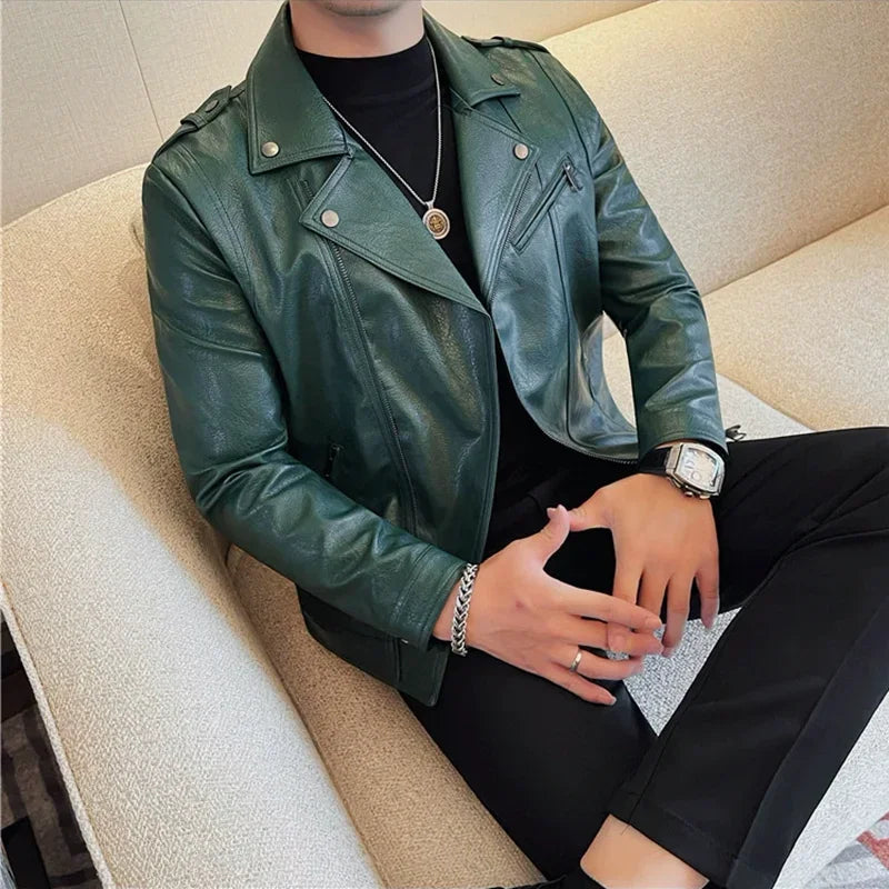 Men High Quality Faux Leather Jacket Vintage Oblique Zipper  Slim Fit Motorcycle Outwear Male Autumn Winter PU Leather Coats