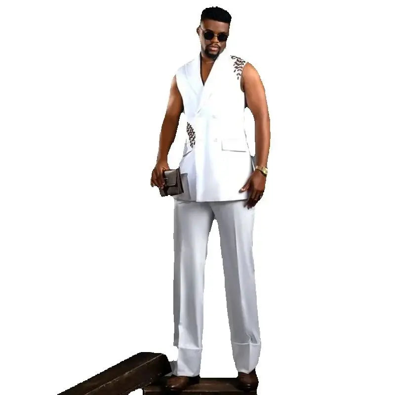 White Men Suits 2 Piece Vest+Pants Luxury Beaded Prom Wedding Tuxedos Sleeveless Coat Custom Made Formal Office Jacket Trousers