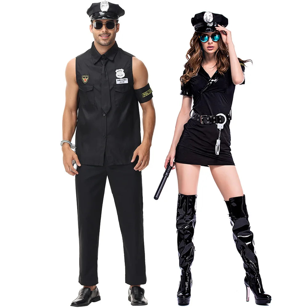 Couple Cop Costumes for Halloween Adult Carnival Party Police Officer Swat Role Play Outfits