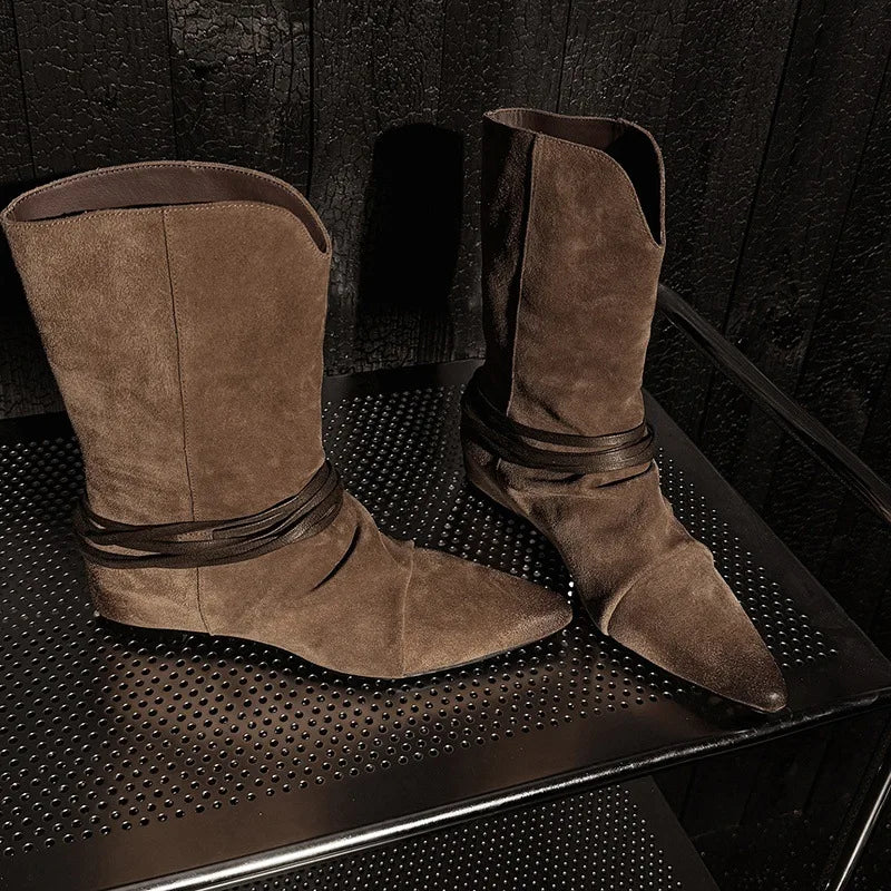 Arden Furtado Autumn Cow Suede Increased Internal Western Boots Pointed Toe Pleated Slip-On Middle Ankle Strap Short Boots