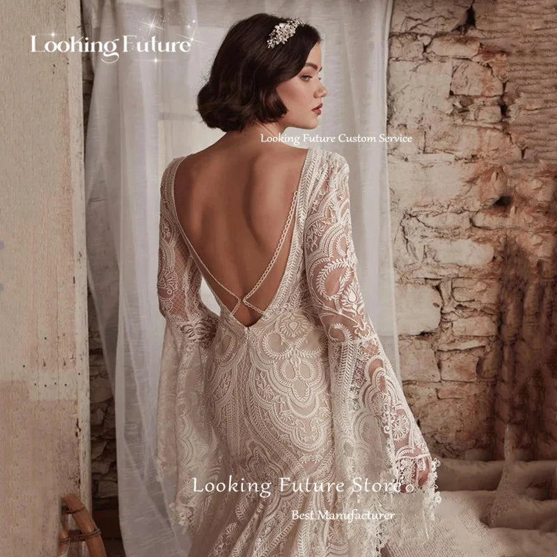 2026 Boho Mermaid Wedding Dresses Long Sleeve Pleat Sexy Lace Illusion Bridal Gown V-Neck Backless Zipper Sweep Train Customized