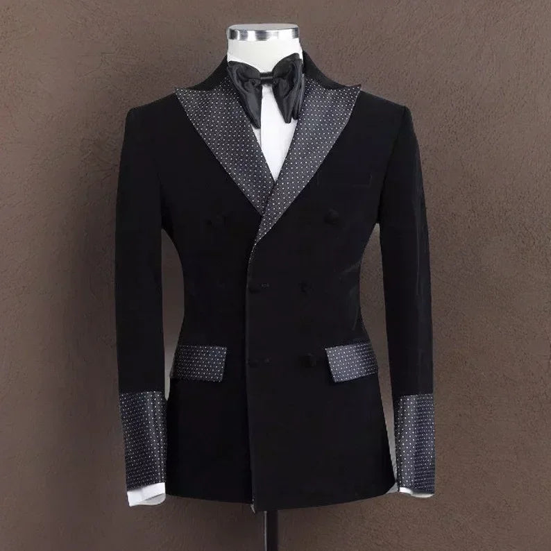 Slim Fit Dots Men Suits Dots Groom Tuxedos For Wedding Party Slim Fit 2 Pieces Black Velvet Smoking Blazer (Jacket+Pants)