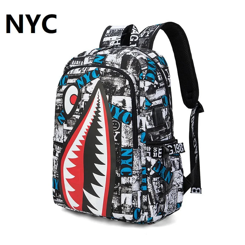 Cool shark mouth prints bagpack boy camouflage college bags unisex schoolbags waterproof backpacks student large capacity bags