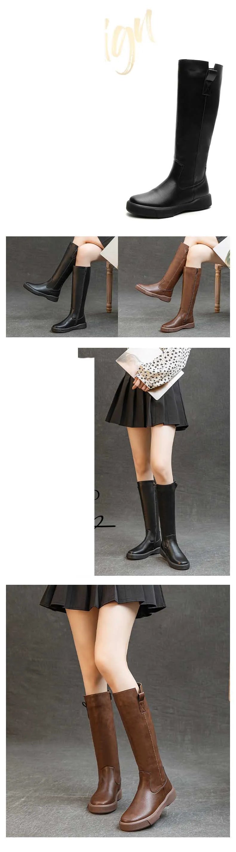 Koznoy 4cm Cow Genuine Leather Microfiber High Top Rubber Knee High Booties Women Chimney Autumn Boots Spring Fashion Shoes