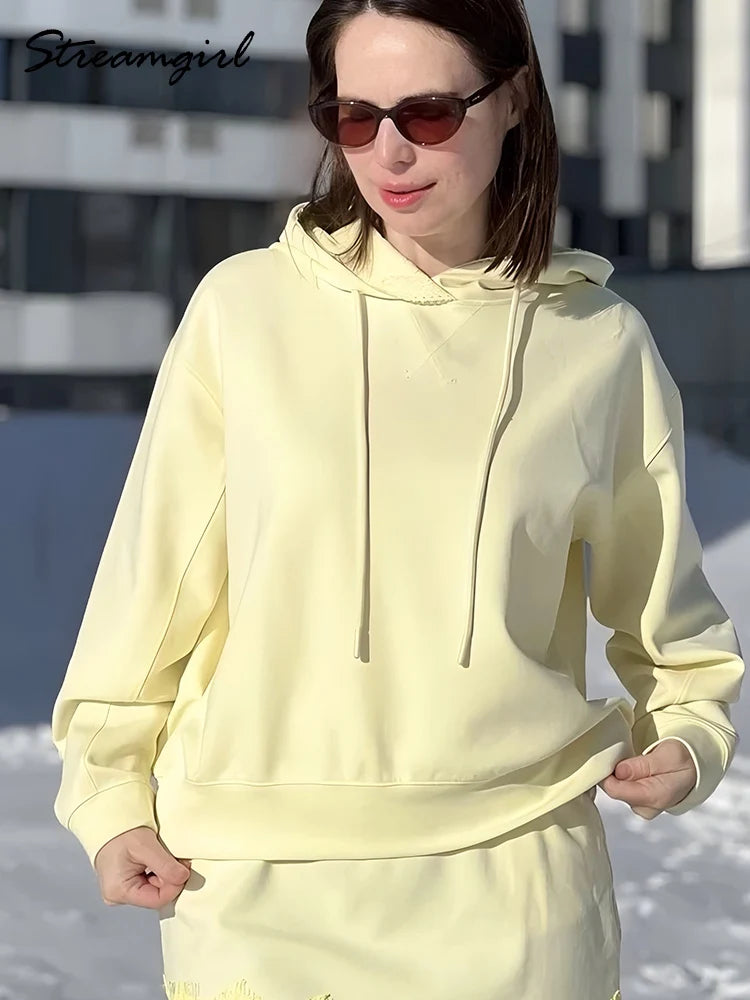 Streamgirl Brown Hoodies With Lace Women Oversize Plain Spring Elegant Butter Yellow Hooded Sweatshirts For Women Oversized