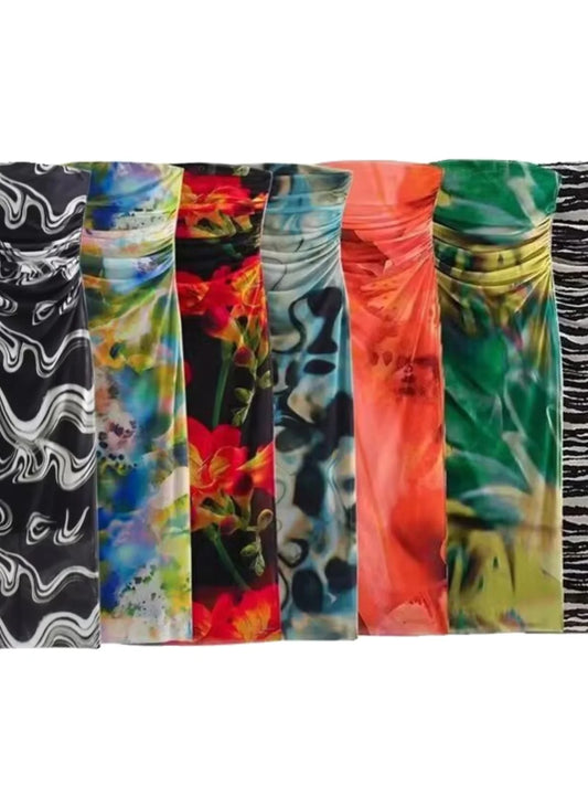 Sexy Strapl Pleated Slim Fit Print Dr Street Sle One oulder Net Wrap around Bodycon Long Skirt for Women Summer 2024
