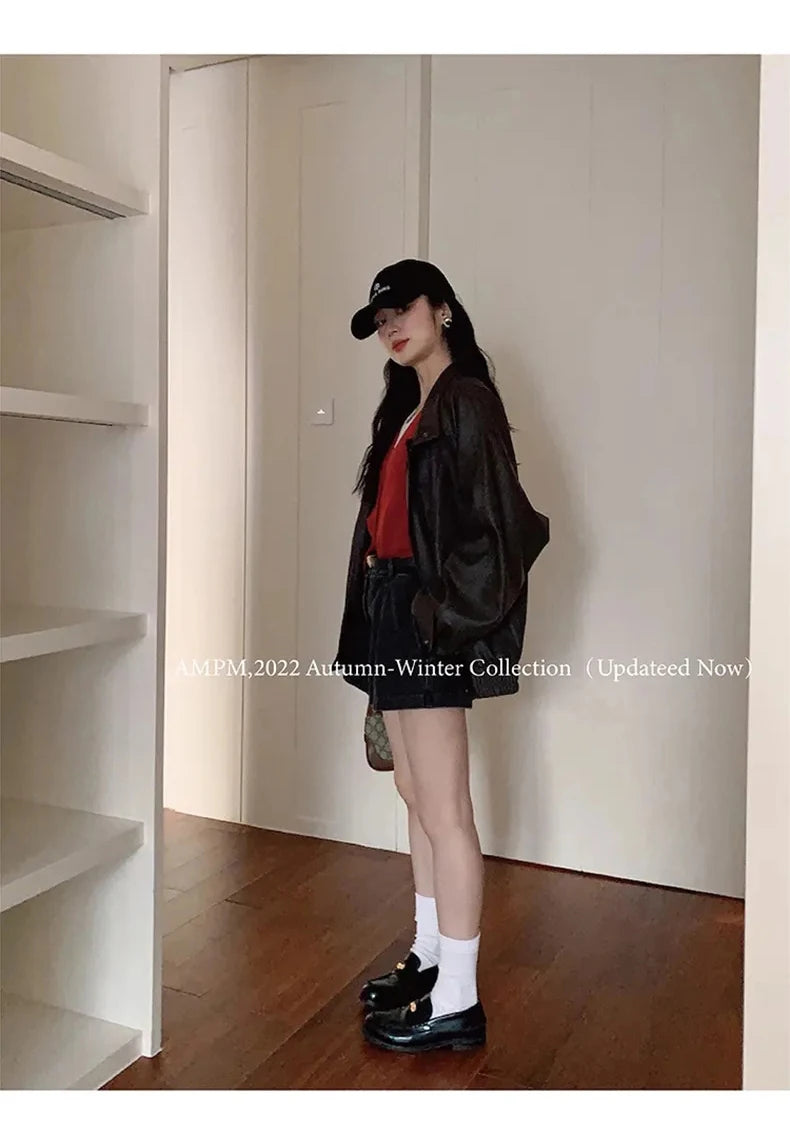 Lautaro Autumn Cool Brown Oversized Leather Jacket Women Drop Shoulder Long Sleeve Zippper High Quality American Retro Clothing