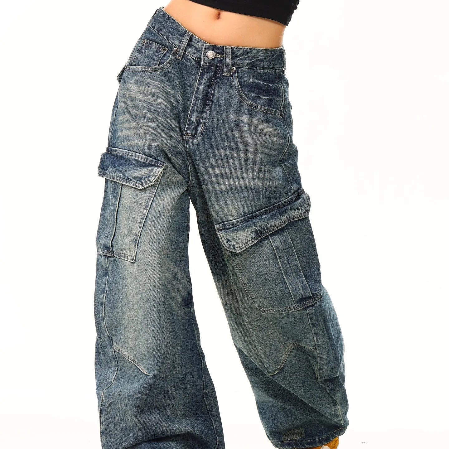 Washed American High Street Vintage Large Pocket Knife Jeans Men Women Loose Casual Long Pants Cat Drag Shape Jeans