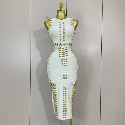 Elegance White Metal Buckle O Neck Sleeveless Bodycon Bandage Dress Women Celebrate Evening Prom Birthday Party Dress Vestido