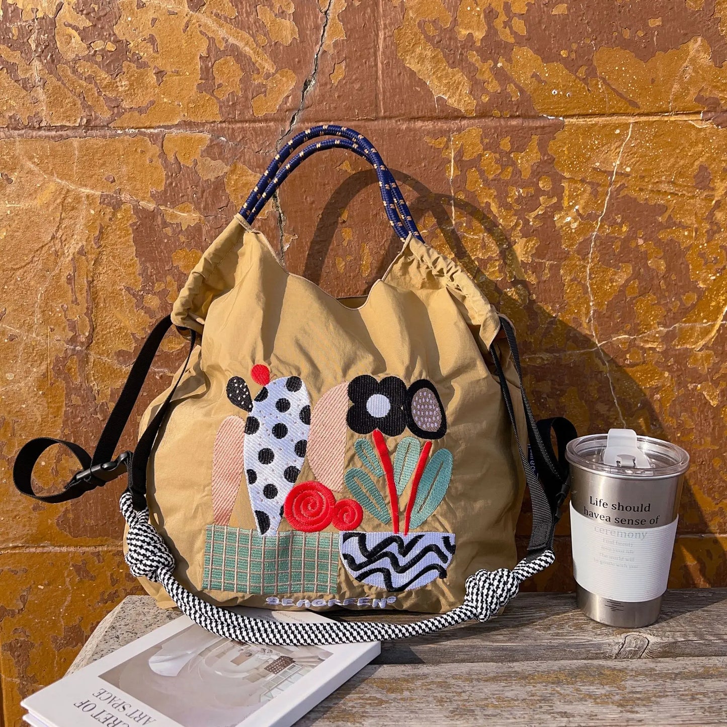 Large Medium Embroidered Shopping Bag, Casual Handheld Simple Large Capacity Shoulder Bag Shoulder Straps Included