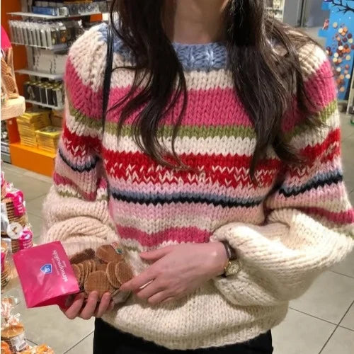 Retro Rainbow Stripes Lazy Sle Loose Knitted Sweater Women's Autumn New Faionable round Ne Top Versatile Comfortable Fit