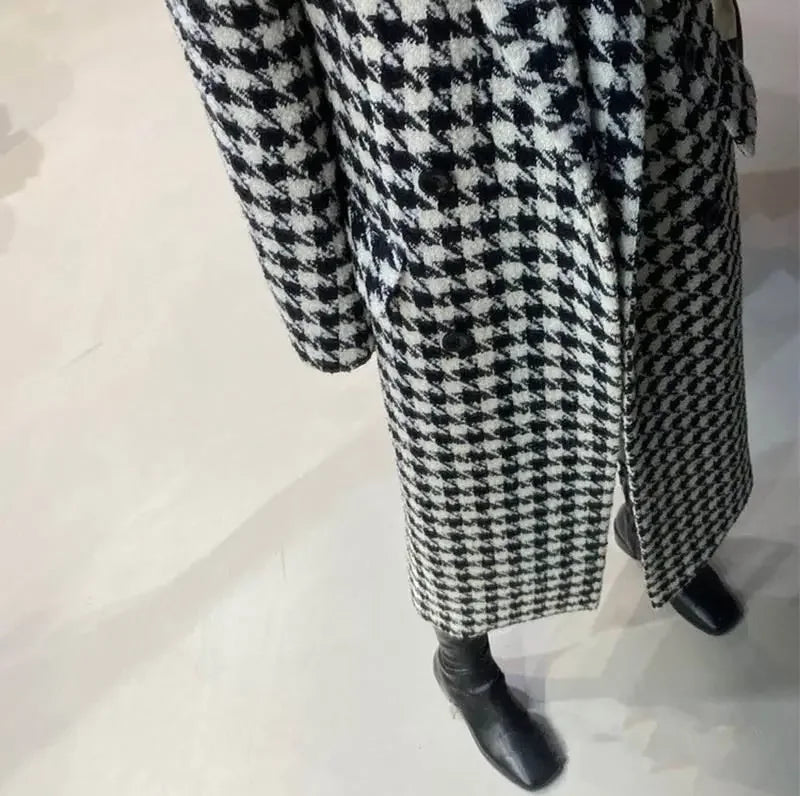 Women Autumn Winter Woolen Coat 2025 New Women Double Breasted Coat Korean Houndstooth Mid-Length Woolen Coat Lady Winter Jacket