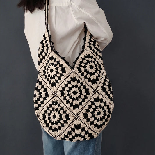 Handmade Crochet Granny Square Shoulder Bag – Vintage Boho Knitted Tote, Black & White Retro Hobo Bag for Women