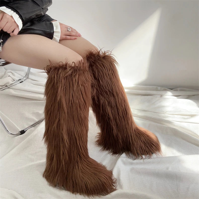 Hot Sale Ins Fashion Long Women Furry Boots Winter Knee Length Keep Warm Ladies Snow Boots