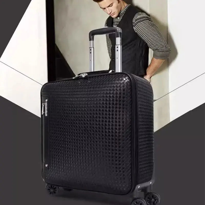 Genuine Leather Trolley Case 20 Inch Men's Business Boarding Suitcase Universal Wheel Luggage Bag 16 Inch Woven Pattern Leather