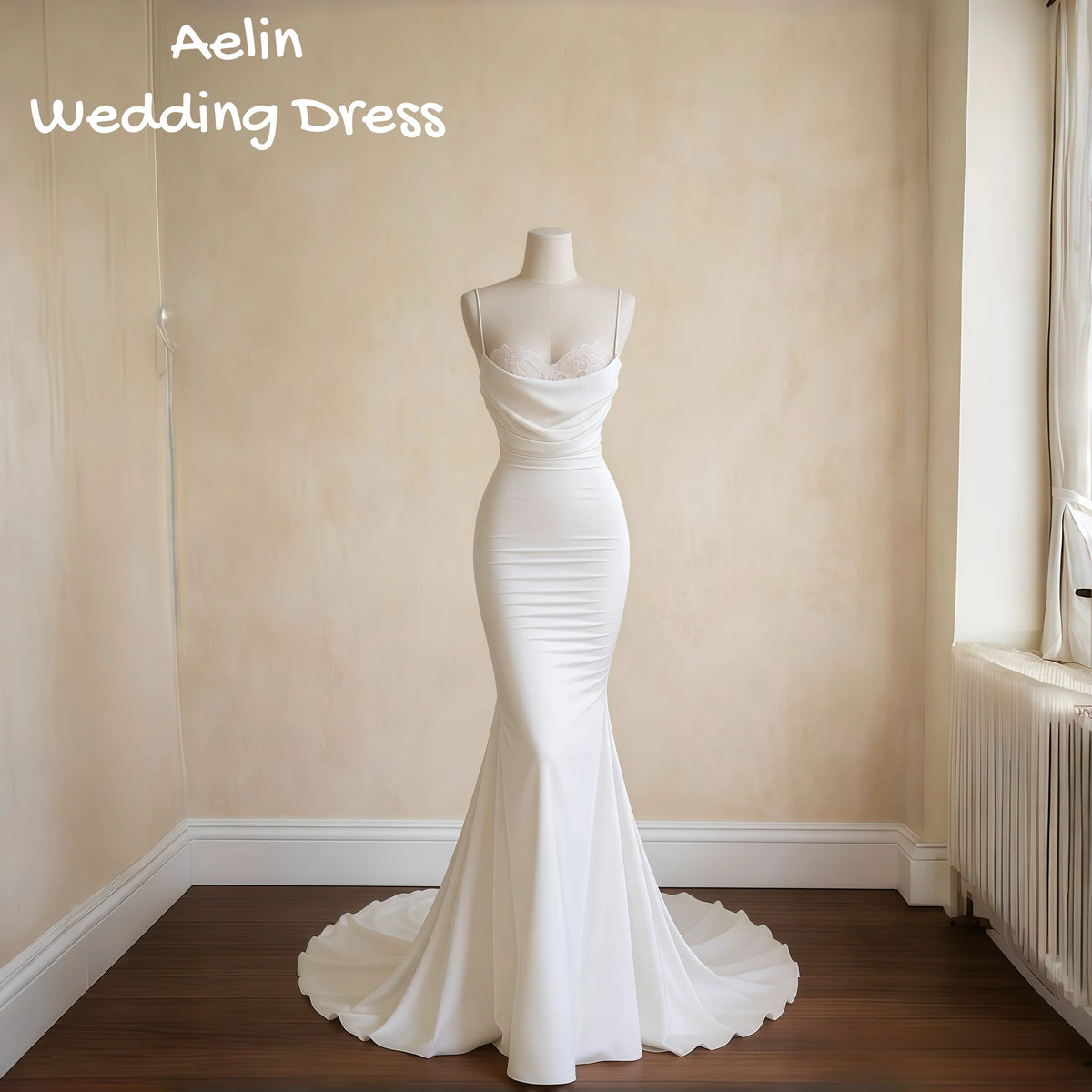 Aelin Customized Elegant Luxury Wedding Dress Spaghetti Straps Cowl Neck Lace Insert Illusion Back Satin Mermaid Bridal Gowns