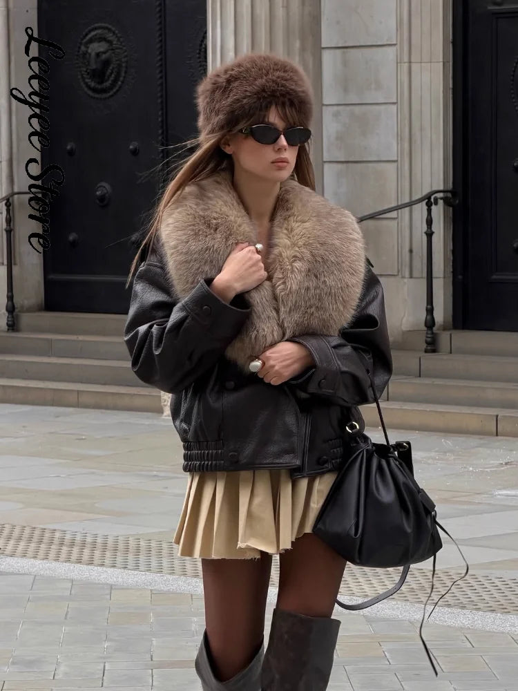 Women Collar Faux Fur Leather Jacket Pebbled Pu Cropped Coat Double Breasted Epaulet Loose Vintage  2026 Autumn Trendy Outerwear