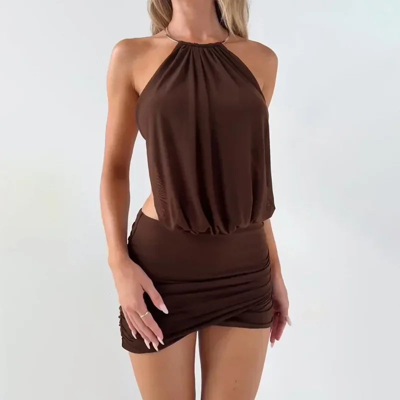 Metal Ring Halter Ruched Bodycon Mini Dress Women 2025 Summer Sleeveless Lace Up Backless Hipster Slim Party Clubwear Vestidos