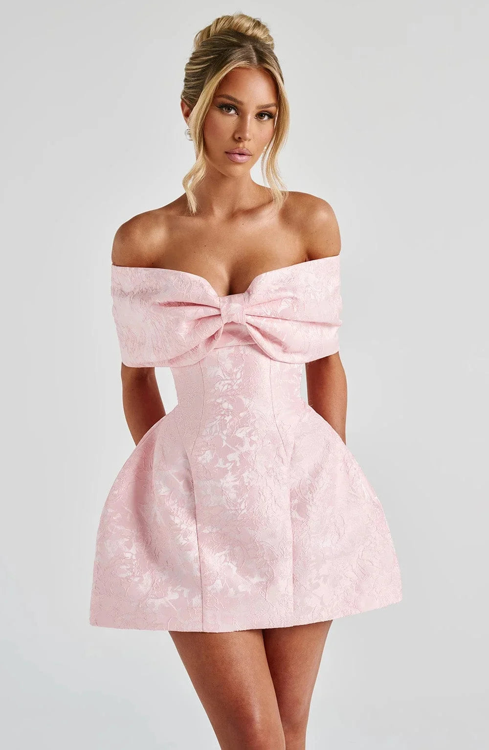 Pink Big Bow Jacquard Prom Dress Off Shoulder Women Formal Evening Gowns Fitted Mini Skirt For Wedding Cocktail Party