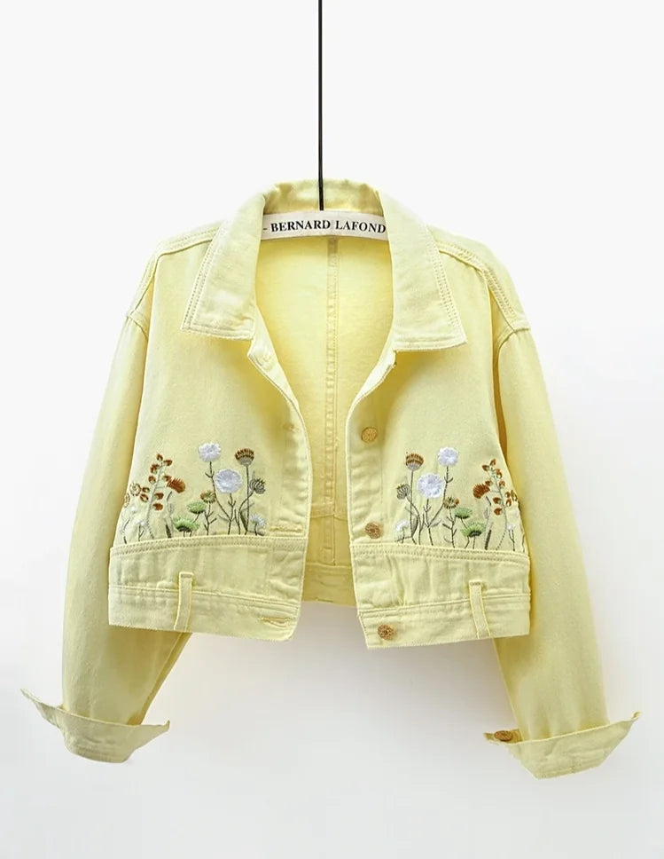 Chic Floral Embroidery Crop Denim Coats Women Lapel Long Sleeve Single Breasted Jeans Jacket Vintage Streetwear Female Outerwear