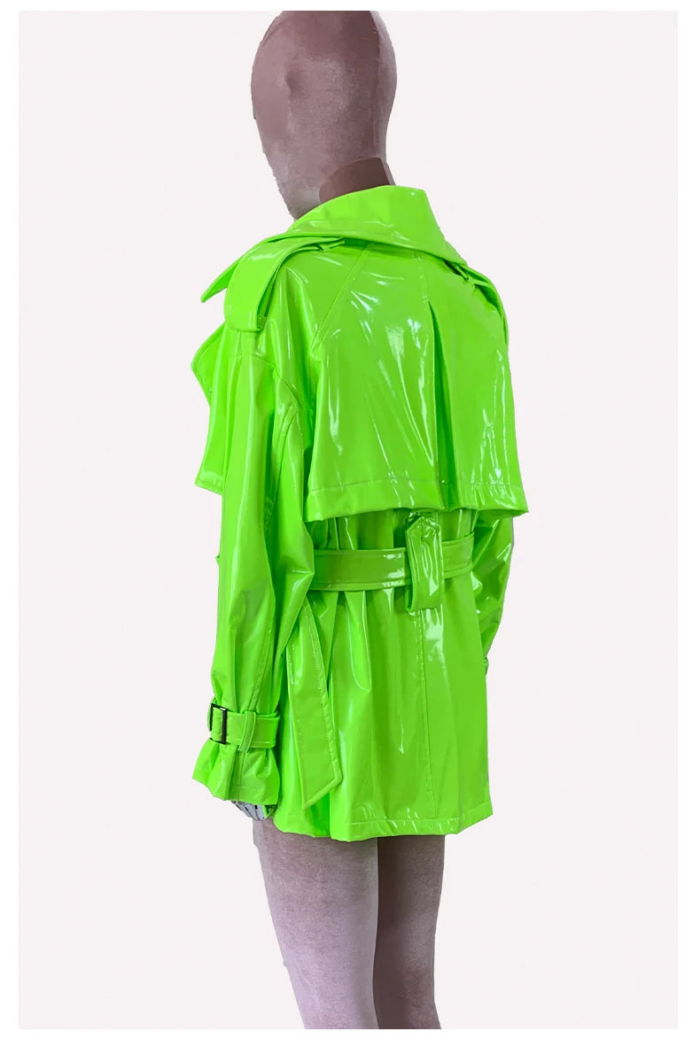 Nerazzurri Spring Autumn Oversized Thin Shiny Reflective Patent Leather Trench Coat for Women Double Breasted European Fashion