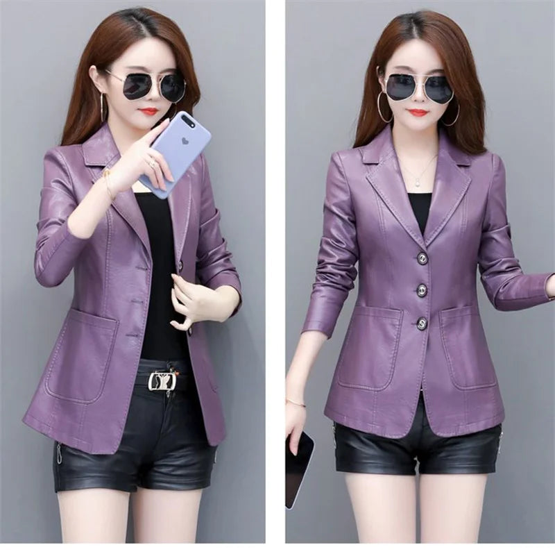 High Quality 2026 Autumn And Winter New  Leather Leather Coat Women's Short Slim Suit Collar Leather Jacket Female's Coat Black