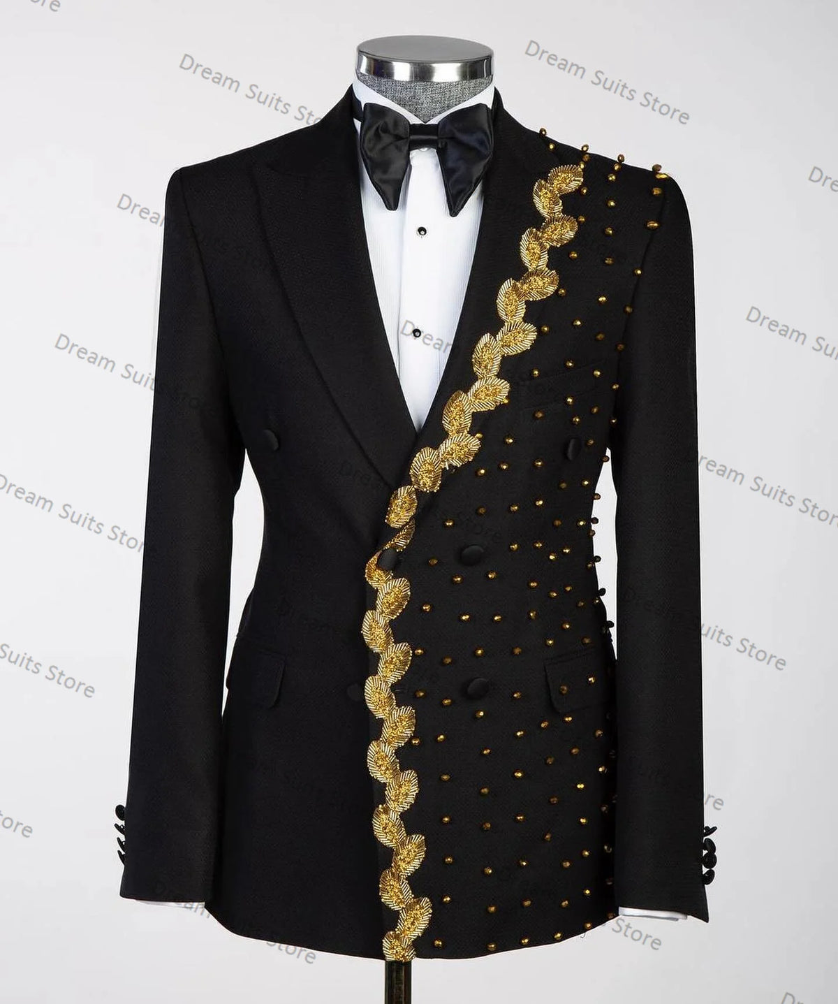 Golden Crystals Black Men Suits Set 2 Pieces Blazer+Cotton Pants Custom Made Jacket Wedding Tuxedo Office Male Custom Made Coat