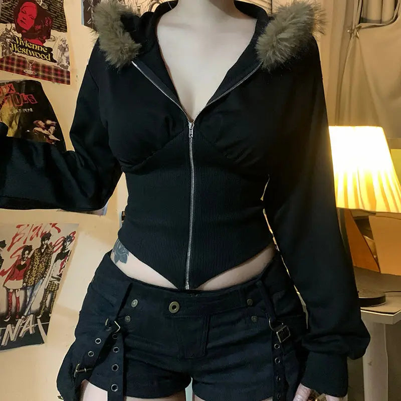 Vintage Punk Hoodies Y2k Crop Top Sexy Streetwear Gothic Grunge Women's Zipper Hooded Winter Slim Coat Hot Girl Aesthetic Hoody