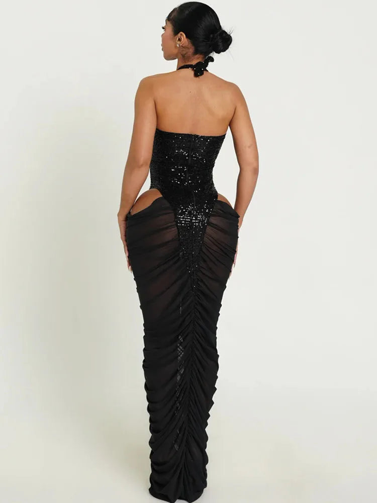 Sexy Glitter Sequins Party Evening Dresses Women Luxury Celebrity Sheer Mesh Patchwork Cut Out Formal Ruched Bodycon Maxi Dress