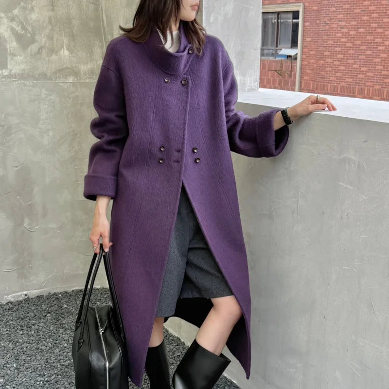 Ladies' 100% wool coat, high-end slimming stand up collar, double breasted loose long woolen coat, autumn and winter bestseller
