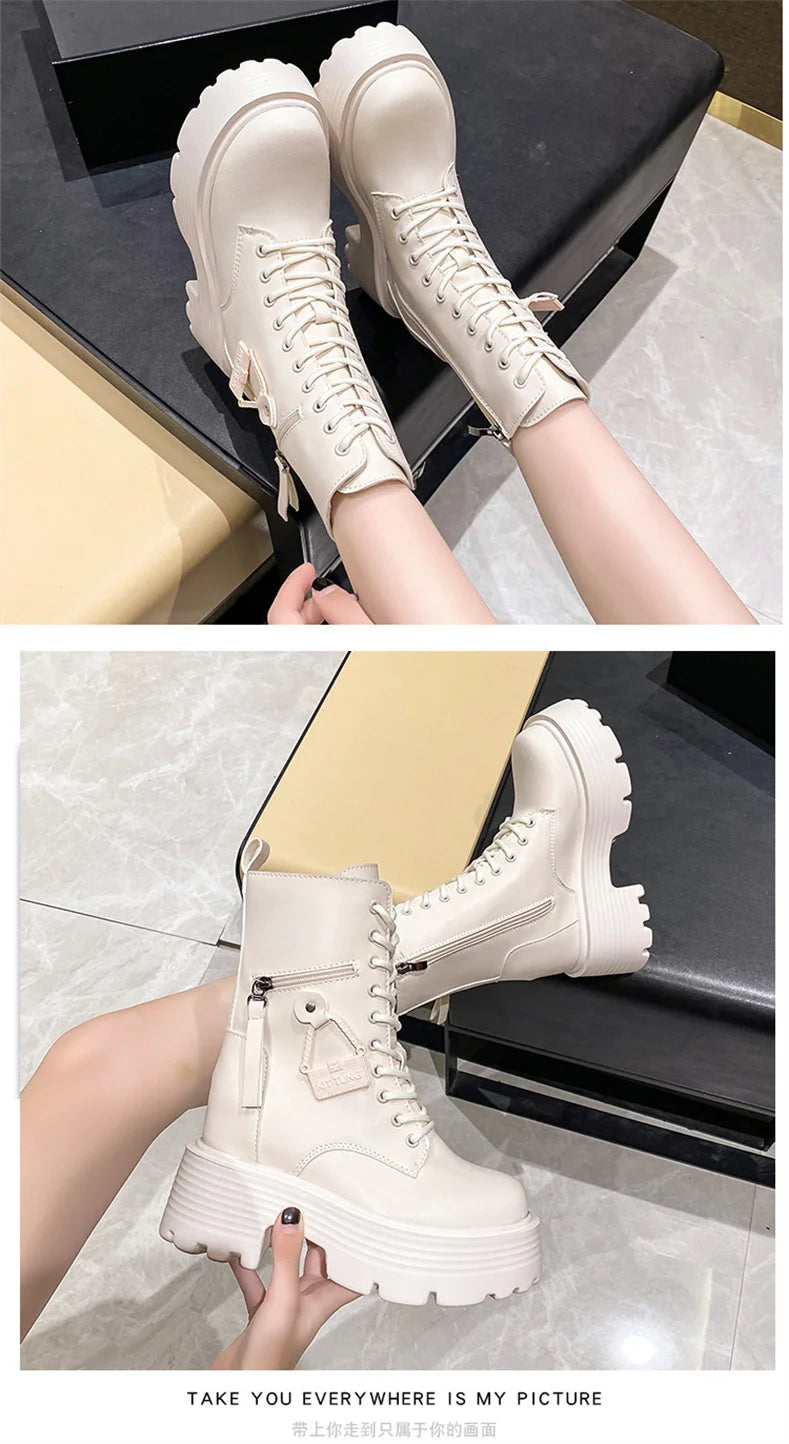 New 2023 Autumn Platform Mid-calf Boots  Women Thick Sole Winter Leather Punk Shoes Chunky Motorcycle Boots Woman