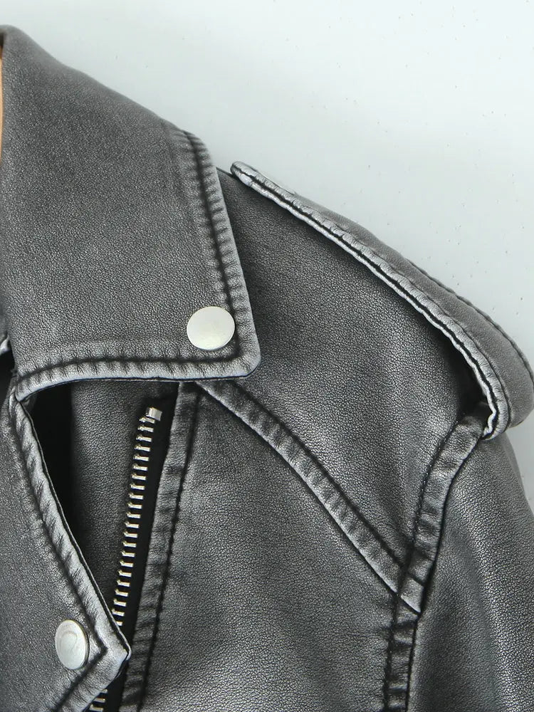 Women Autumn Winter Loose Gray PU Faux Leather Short Jackets Belt Female High Street Zipper Retro Moto Biker Coats Outwear XS-XL