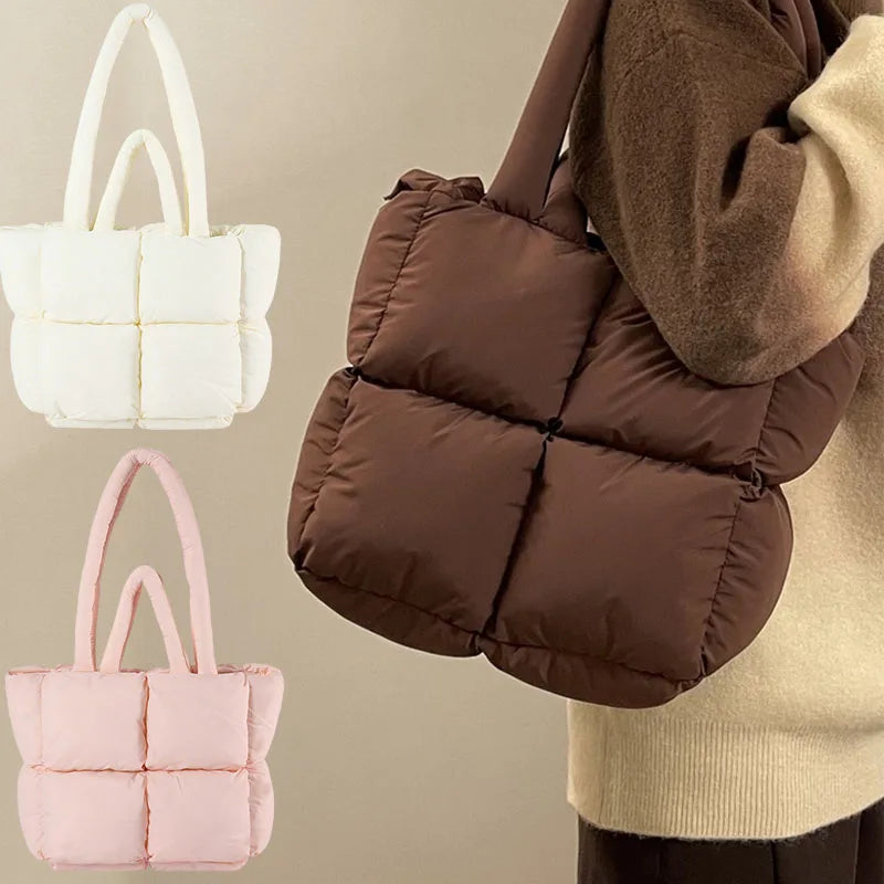 Designer Puffy Shoulder Bag Women Quilted Space Cotton Down Feather Padded Large Capacity Handbag Winter Shopping Tote Bolsas