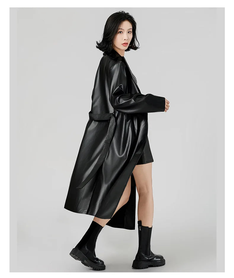Women's Streetwear Windbreaker Black Tie Up Pu Leather Jackets For Women Fall Winter Windproof Anoraks Trench Coat For Women