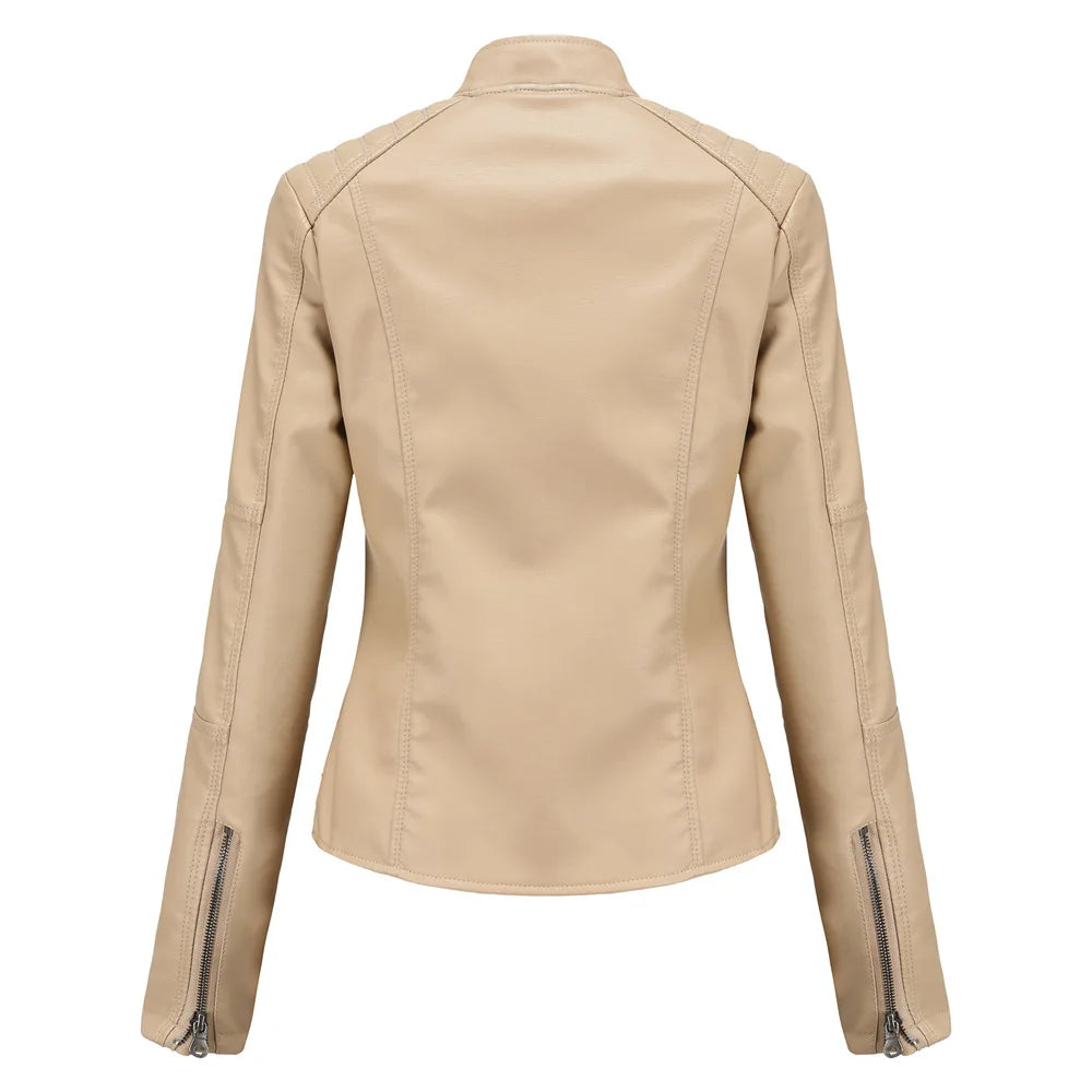 Women's Leather Jacket Women's Slim-Fit Jacket Thin Autumn Jacket Women's Biker Jacket Large Size Standing Collar Leather Jacket