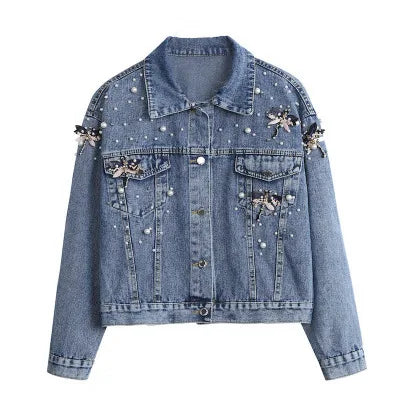 Women Denim Coat Single Breasted Turn Down Collar Distressed Dragonfly Beaded Jackets Vintage Washed Outerwear Streetwear