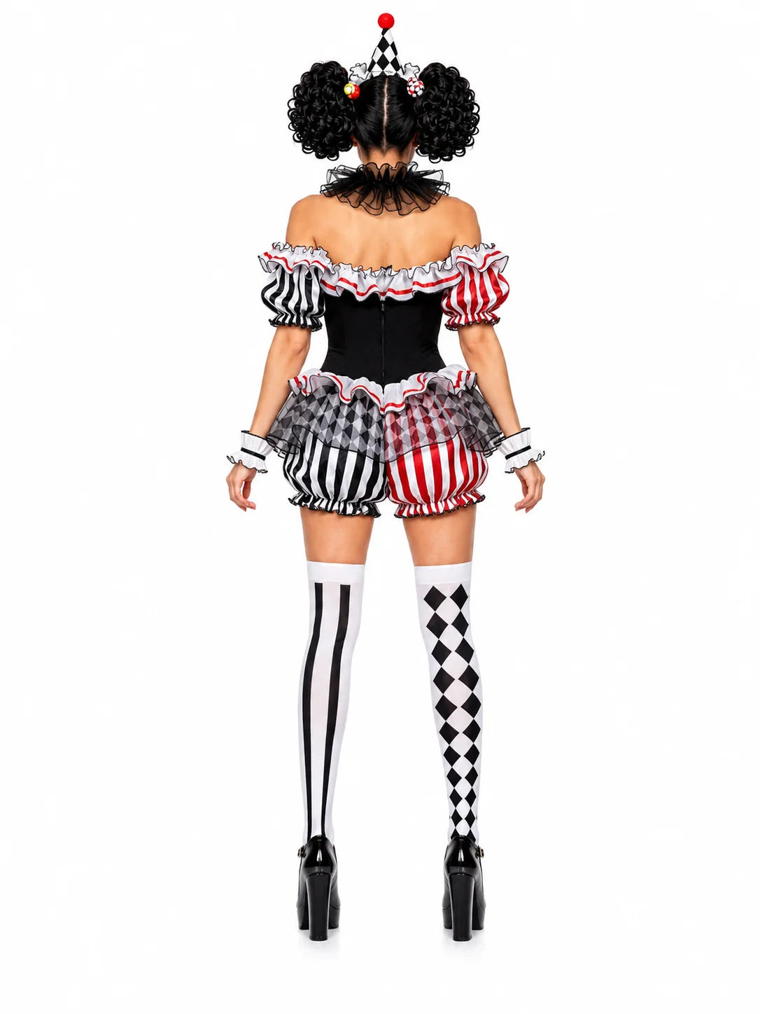 Women's Halloween Evil Clown Costume Sexy Circus Cosplay Off Shoulder Diamond Pattern Ruffled Bloomer Outfit with Hat Mesh Collar Wrist Cuffs Fancy Dress