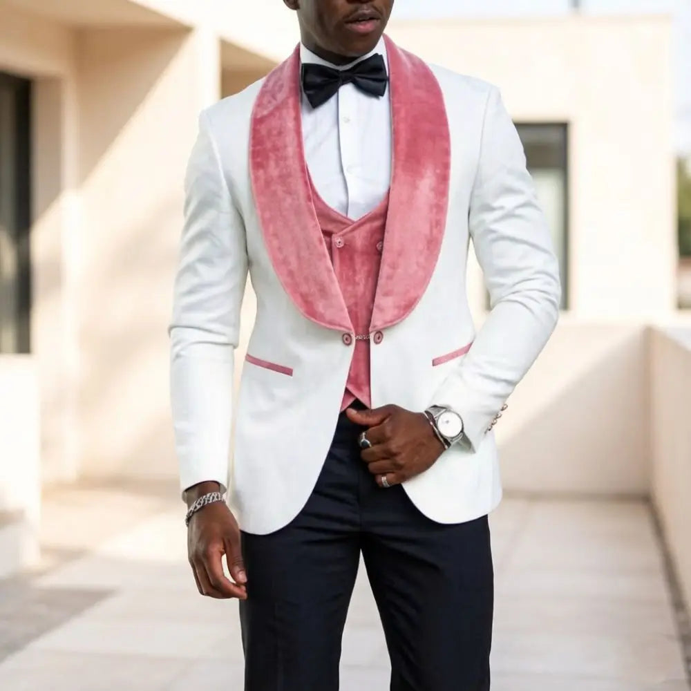 White Formal Suits for Men Slim Fit 3 Pieces Custom Made Wedding Tuxedo Mix Match Velvet Shawl Lapel Prom Movie Premiere Wear