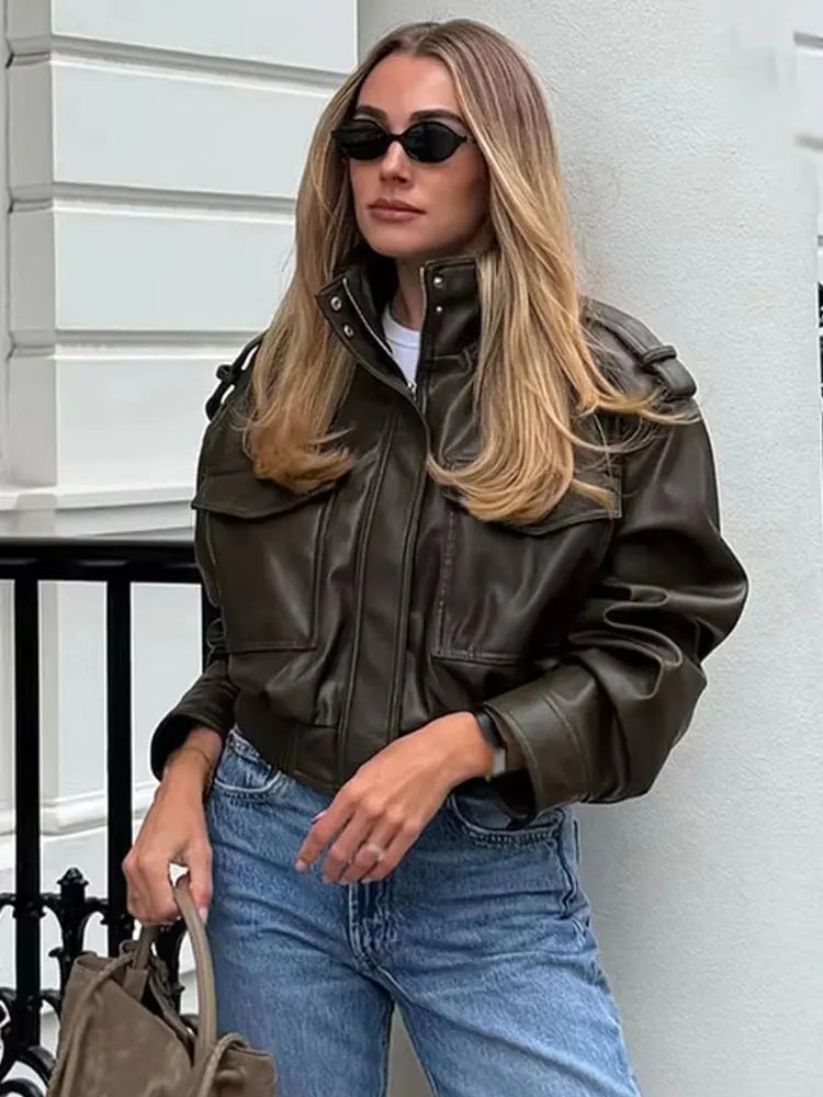 HH Women Faux Leather Cropped Jacket vintage Bomber Jackets With Pockets Long Sleeve Coats Zipper Overcoat Jacket For Woman