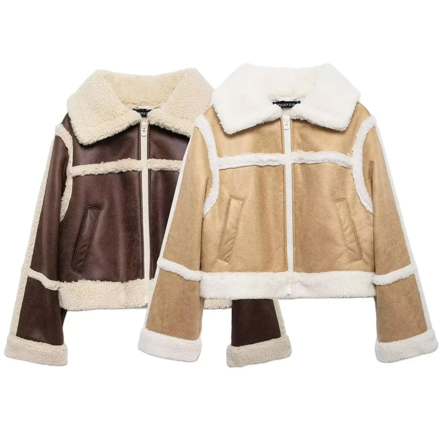 KONDALA Fashion 2024 Fleece Women Turn-down Collar Streetwear Jacket High Street Cool Zipper Winter Outwear Casual Vintage Coatr